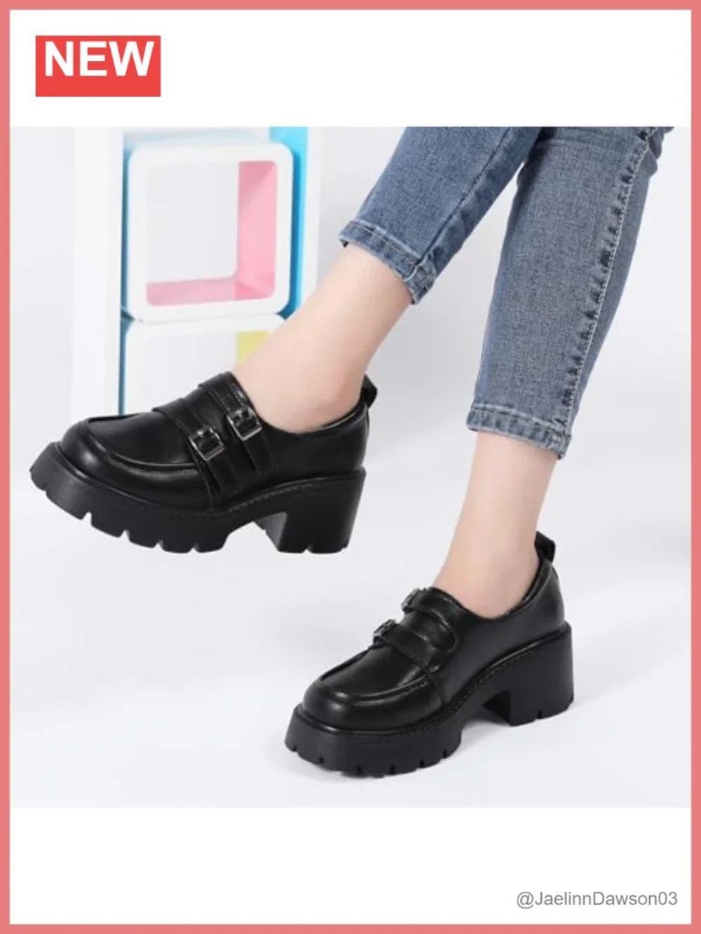 Chunky Platform Loafers Double Buckle Monk Strap Slip On Lug Sole Heeled Shoes
